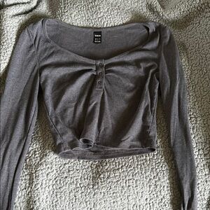 SHEIN Gray Ribbed Long Sleeve Blouse